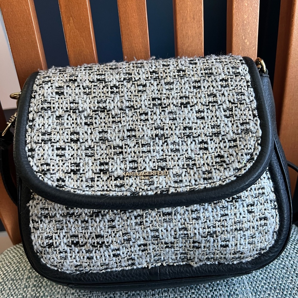 Karl Lagerfeld Paris Agyness tweed crossbody bag.
